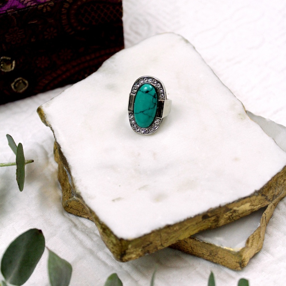 Turquoise, Rhinestone, Silver Ring